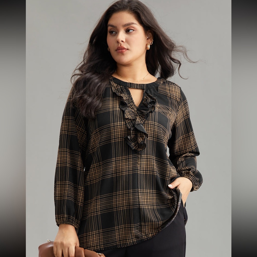 Plaid Keyhole Frill Trim Lantern Sleeve Blouse- EUC